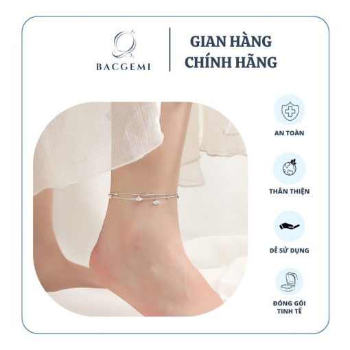 Lắc chân bạc nữ dây đôi lá cọ kết hợp hạt bi tròn